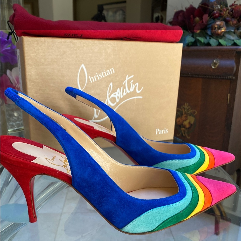 $895 Christian Louboutin multi-color suede slingbacks Degradama 80 VV/Suede 37.5